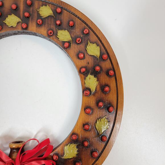 VINTAGE Wood Wreath 11" Brown Red‎ 3-D Accents Candle Holder Christmas Decor - Picture 13 of 16